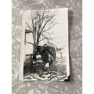 Vintage 1949 Black and White Photo Woman and Horse Choo Choo Snapshot 3x4.5